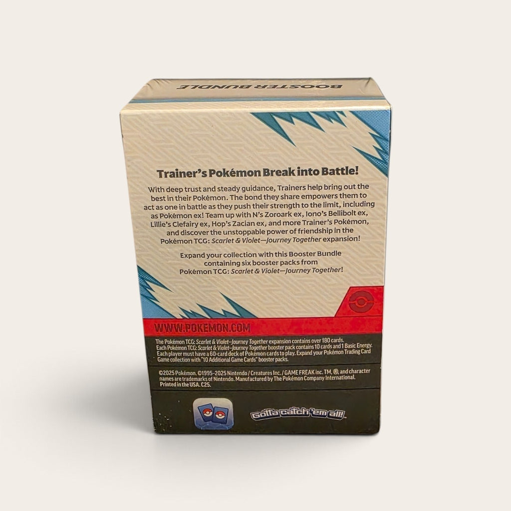Hidden Moon Trading Co. Pokemon Scarlet and Violet Journey Together booster bundle box back view with game details
